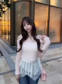 リボンワンショルダーシアートップス×イレヘムレースキャミソールアンサンブルgrl