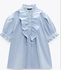【新品未使用】ZARA ザラフリル ポプリン シャツ 半袖 ライトブルー