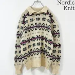 M相当　80s～　肉厚　ノルディック柄　総柄　襟付き　ジャガードニット　セーター