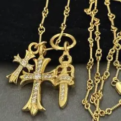 ゴールド 3連クロスネックレス ツイストチェーン ダガーネックレス
