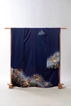 【振袖】紺色 花裾格子〈M寸〉のサムネイル