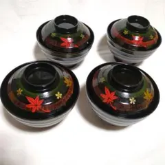 蓋つき汁椀 4個セット　紅葉柄　黒色系　和風　昭和レトロ　少し大きめ　お正月