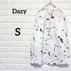 【シーイン】スタンドカラー　長袖シャツ　スプラッター柄　白　S ブラウス　総柄