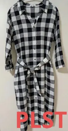 美品　プラステ シャツ ロングシャツワンピース S チェック　綿　麻　春夏
