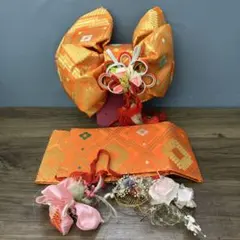 3F 七五三 七歳 結び帯 作り帯 帯揚げ 髪飾り 3点セット オレンジ 金