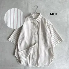 近年 MHL. DRY COTTON STRIPE 半袖シャツ ベージュ レッド