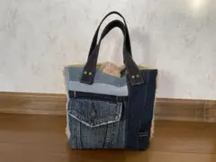 デニムリメイク・ボア付きミニトートバッグ