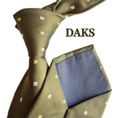 DAKS オリーブグリーン 白　黄色　四角模様　ドット柄　スーツ　シルクネクタイ