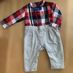 アプレレクール 赤 チェック柄 ロンパース 蝶ネクタイ サスペンダー 重ね着風