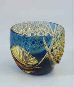 江戸切子アンバークリスタル冷茶グラス（緑）籠目 箱付 伝統工芸品 