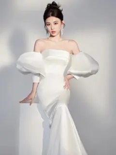 C325 高級サテン オフショルダーケープ付き  ロングドレス  二次会ドレス