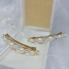 フェイクパールとクリスタルのキラキラヘアピン(バレッタ)2本