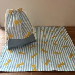 給食ナフキンセット　ストライプ水色　リボン　ハンドメイド