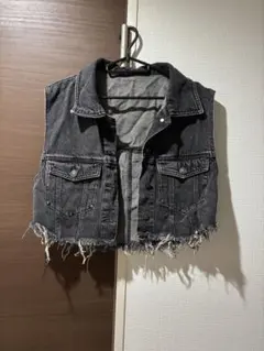 ダークグレー デニムノースリーブジャケット