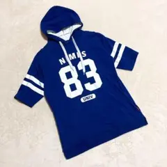 ILLS ＊ パーカー フロントプリント 半袖 ブルー 丈長め (L) 7分袖