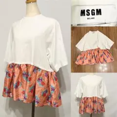 MSGM ペプラム　半袖カットソー　サテンフラワープリント　切り替えカットソー