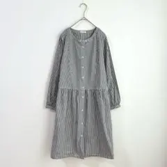 3886【POU DOU DOU】シャツワンピース　長袖　ストライプ　ひざ丈　M