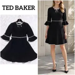 TED BAKER リボン フレア ワンピース 七分袖 ベルスリーブ バイカラー