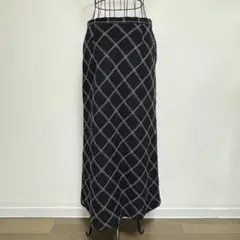 ステッチ　斜めチェック柄　ウール　ロングスカート　90年代　昭和レトロ