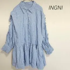 イング　長袖シャツ　ストライプシャツ　チュニック　フレア　肌見せ　リボン　紐付き