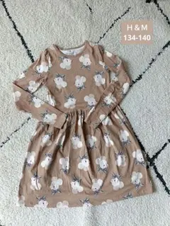 美品 H&M 長袖ワンピース おめかし ねずみ リボン コットン 130 140
