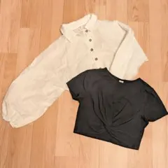 SHEIN ホワイトボタン付きシャツ ブラックショート丈Tシャツ セット