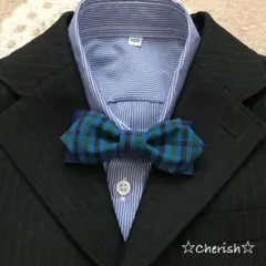 ☆蝶ネクタイ ブルーグリーン系チェック柄 ハンドメイド キッズベビー☆再販71