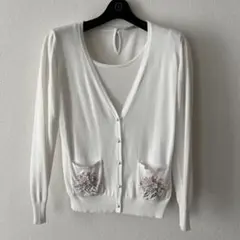 アベニールエトワール　ポケット刺繍カーディガン　アンサンブル　ホワイト　36