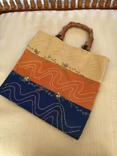和装用バッグ 多色刺繍 竹製ハンドル