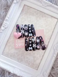 ネイルチップ ハート リボン 黒ピンク