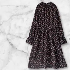 小花柄ロングワンピース ハイネック フラワー ウエストゴム L