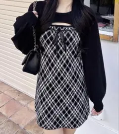 デコルテオープンチェック柄切替ニットワンピース