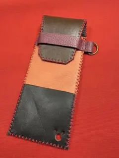 【一点物　オレンジ】ハンドメイド本革　ペン眼鏡ケース — 異素材コンビ×ステッチ