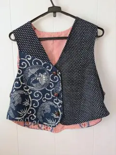 古布藍染、絣、型染、裏地は正絹●着物リメイク●ベストス、ジレ●ハンドメイド