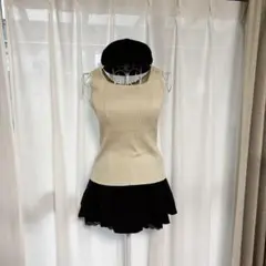 ベージュ リブ ノースリーブ 2WAY トップス