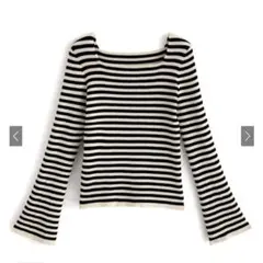 ボーダー柄スクエアネックフレアスリーブニットトップス GRL