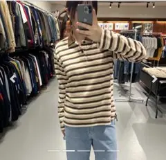 OLD UNIQLO 長袖 ポロシャツ ボーダー ブラウン Mサイズ
