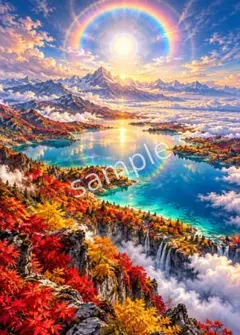 虹暈と紅葉天空湖のデジタルアート ポスター 壁紙 インテリア No.0129