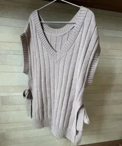 【w closet】サイドリボン Vネック ニットベスト リブ編みフリーサイズ
