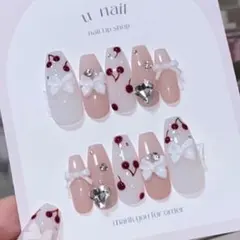 【現品】ネイルチップ ワンホン スナ系 量産型 さくらんぼ チェリー リボン