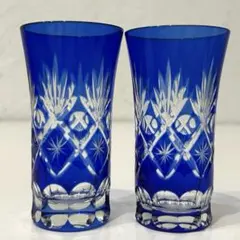 藍色 切子グラス ハンドメイド ペア 一口ビールグラス 日本酒グラス