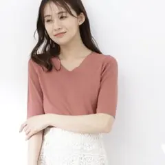 N. 五分袖ニット ピンク Vネックのサムネイル