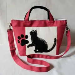 猫柄トートバッグ　ハンドメイド帆布バッグ　倉敷帆布　黒猫　赤