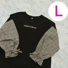 そで切り替えチェック柄バルーンスリーブTシャツ