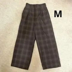 ブラウン チェック柄 ワイドパンツ　M