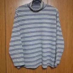 ブルーグレーと黄のストライプ タートルネック LL