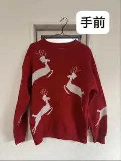 トナカイ柄 赤 長袖ニットセーター