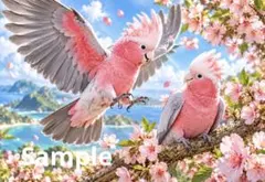 桜とモモイロインコ デジタルアート イラスト ポストカード