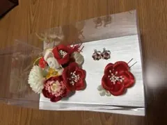 和風髪飾りセット 赤白花 イヤリング付き
