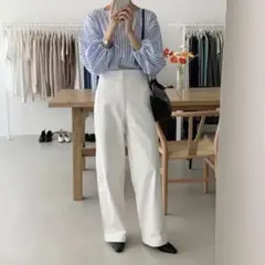 パンツ ホワイト ハイウエスト ストレート きれいめ シンプル XSサイズ